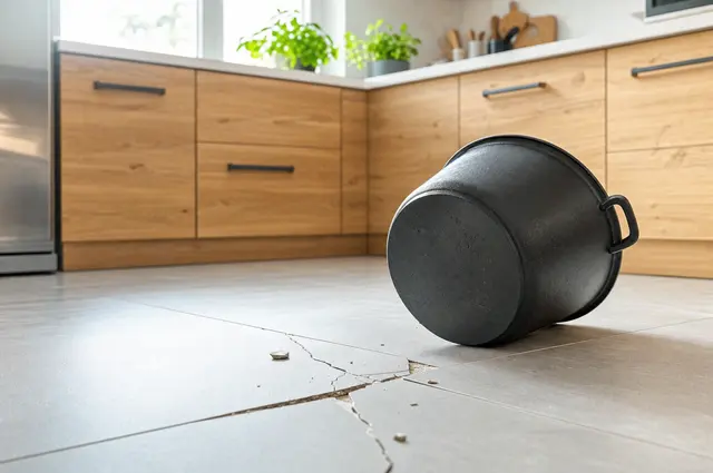 Visualisierung eines Küchenbodens aus hellgrauen Keramikplatten: eine Platte ist mit Rissen und abgeplatzten Splittern gebrochen, der Riss läuft über die Fuge in die Nachbarplatte; daneben liegt ein umgekippter gusseiserner Topf, im Hintergrund Küchenfronten aus hellem Holz.
