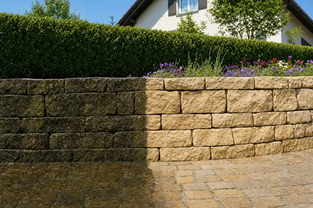 Visualisierung einer Natursteinmauer mit Pflastervorplatz vor einem Wohnhaus: links ist der Stein dunkel und vermoost, rechts derselbe Stein gereinigt und hell sandfarben, die Reinigungsgrenze läuft senkrecht durch Mauer und Pflaster; dahinter Hecke, Blumen und blauer Himmel.